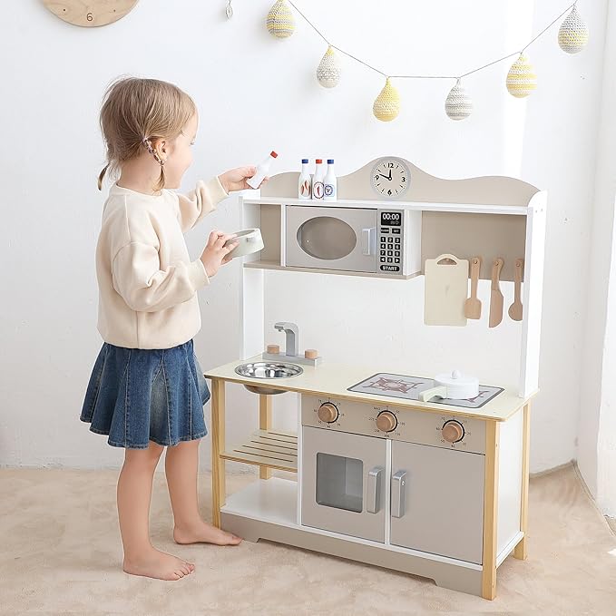 Kids Play Kitchen, Wooden Toy Kitchen Playset for Kids with 12 Pcs Toy Food & Cookware Accessories, Childrens Pretend Kitchen Playset for 3+ Years Old