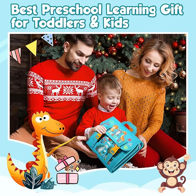 Green Montessori Busy Board Book for Toddlers 1-3, Montessori Toys for 1-3 Year Old Boy Birthday Gift, Educational Quiet Activity Books for Toddlers 1-3, Ages 2-4 Travel Toys for Airplane Car