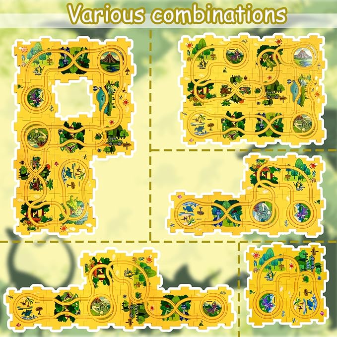 4 Year Old Boy Birthday Gift, Puzzle Racer Kids Car Track Set Puzzle Racer Car Track Set with Roadmap Puzzle Track Car Play Set Toys for 4 Year Old Boys (A-Dinosaur, Set1-25pcs)