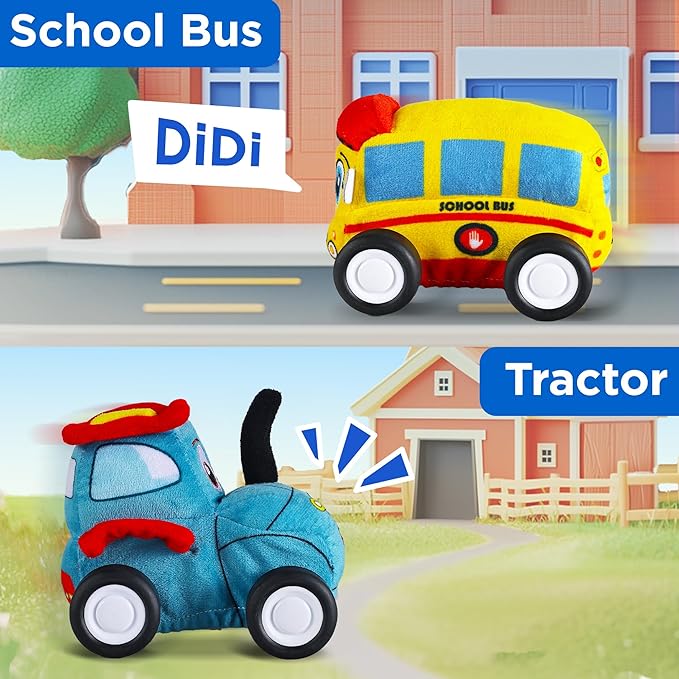 iPlay, iLearn Toddler Soft Car Toy 1-3, Baby Remote Control School Bus Tractor Truck Toy 2 Year Old Boy, 2-IN-1 RC Plush Vehicle Play Set, Infant First Birthday Gift 18 24 Month 2 3 4 5 Year Girl Kids
