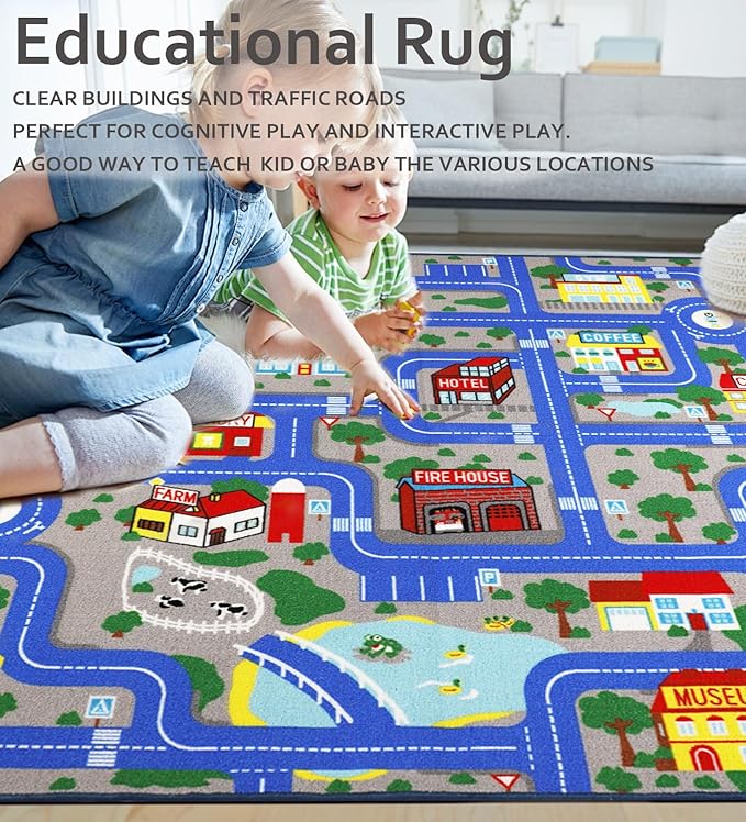 Educational Road Traffic Carpet Kids Carpet Playmat Car Rug Fun City Life Map Kids Car Rug Non Slip Play Carpet for Children Playroom Bedroom Classroom Decor (Blue, 5'0''x6'6'')