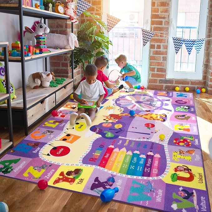 Kids Rugs for Playroom Bedroom Classroom Nursery, Non-Slip and Washable Rugs for Children Toddlers Girls, Educational and Fun Rug Carpets with ABC Alphabet Animals Shapes, 6x9, Purple