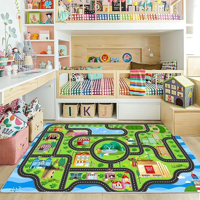 Car Rug,Kids Play Rug with Roads,Playroom Non Slip Car Track City Map for Bedroom Classroom - (78.7X59 Inches)