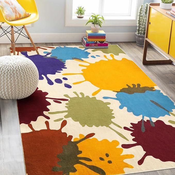 STARUIA Colorful Area Rug, 5'x7' Classroom Rug for Kids, Paint Splash Washable Rug for Playroom, Non-Slip Rainbow Nursery Rug Soft Living Room Carpet for Bedroom Dining Room Kids Room