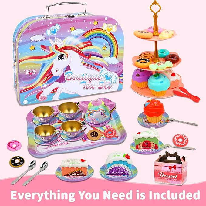 SMILESSKIDDO 46pcs Tea Party Set for Little Girls - Princess Tea Party Set,Kids Kitchen Pretend Play Toys - Toddler Tea Party Sets for Girls 3-5, Girls Tea Party Set Gift for 3 4 5 6 Girl(Unicron)