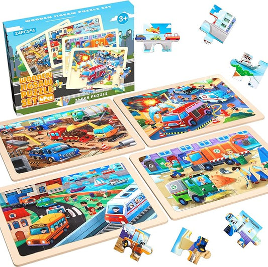 4 Pack Wooden Puzzles for Kids Ages 3-8 - City Life 24-Piece Educational Toddler Puzzles - Montessori Learning Toys for Boys Girls - Ideal Birthday Christmas Easter Gifts for Ages 3 4 5 6 7 8 Year Old