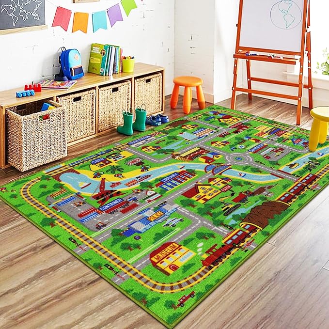 Capslpad Kids Rug for Playroom 3'3" x 5'2" Educational Learning Kid Play Area Rug Large Traffic Road Cars Rug Play Mat for Kids Toy Nursery Rug Kids Car Carpet for Living Room Home Decor Green