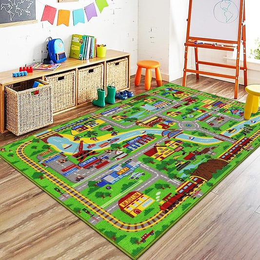 Capslpad Kids Rug for Playroom 3'3" x 5'2" Educational Learning Kid Play Area Rug Large Traffic Road Cars Rug Play Mat for Kids Toy Nursery Rug Kids Car Carpet for Living Room Home Decor Green