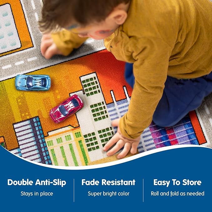 Booooom Jackson Kids Car Rug,Car Mat for Kids Toy Cars,Road Carpet Playmat Rug,Buildings Parking Helipad Printed on,Non-Slip Play Race Track Carpet for Play Room Bedroom