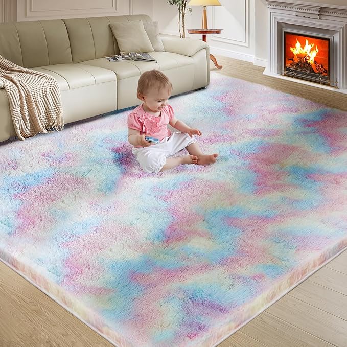 Ultra Soft Rug for Living Room, 6X9 Fluffy Shag Area Rug for Bedroom, Modern Shaggy Carpets Fuzzy Rug for Teens Dorm Nursery Home Decor Aesthetic, Upgrade Anti-Skid Durable, Rainbow