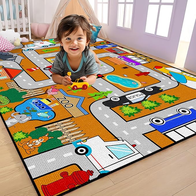 Car Rug Play Mat - Kids Play Rug for Playroom, Traffic City Life Road Rugs for Toys and Car Mat Educational Game Carpet Toddler 4.5x6 Feet