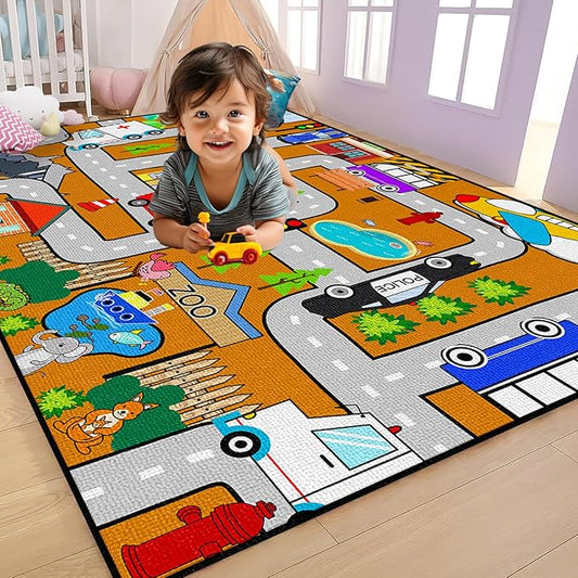 Car Rug Play Mat - Kids Play Rug for Playroom, Traffic City Life Road Rugs for Toys and Car Mat Educational Game Carpet Toddler 4.5x6 Feet