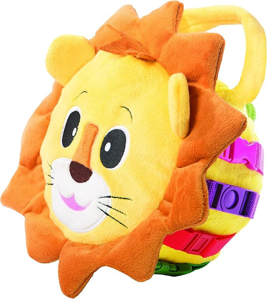 Buckle Toys Benny Lion Stuffed Animal Plush Montessori Toys for Toddlers 1-3 Sensory Toys to Develop Fine Motor Skills and Learn Shapes and Colors, Travel Essentials for Kids, Includes Storage Pocket