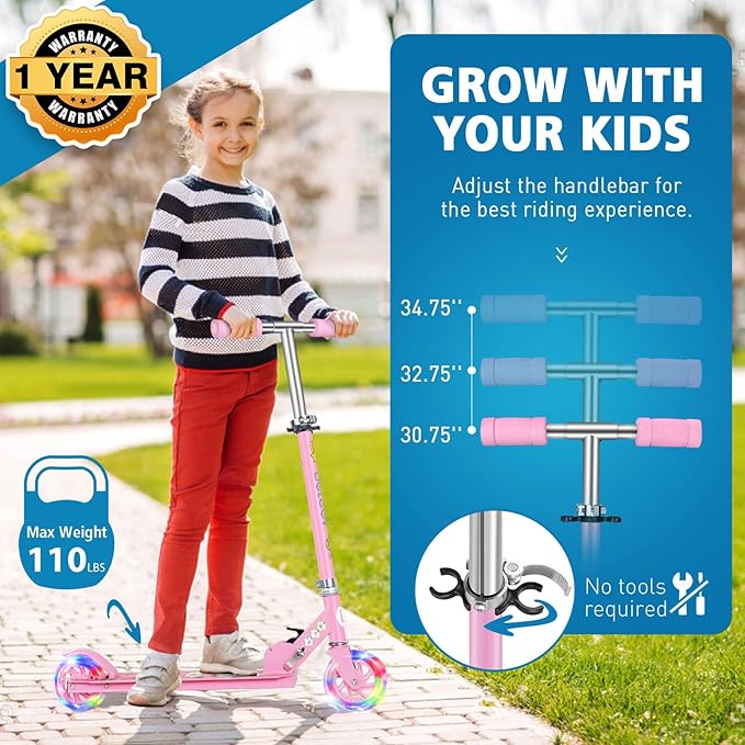 BELEEV V1 Scooters for Kids, 2 Wheel Folding Kick Scooter for Girls Boys, 3 Adjustable Height, Light Up Wheels, Lightweight Scooter with Sturdy Frame, Kickstand for Children 3 to 12 Years Old