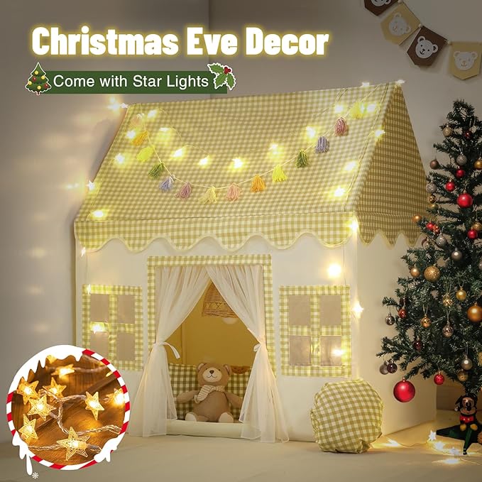 Kids Play Tent Indoor: Mat, Tassel Garland, Star Lights - Yellow Checkered Boys Tent Playhouse for Toddlers Kids Toys for Boy Girl Birthday Gift