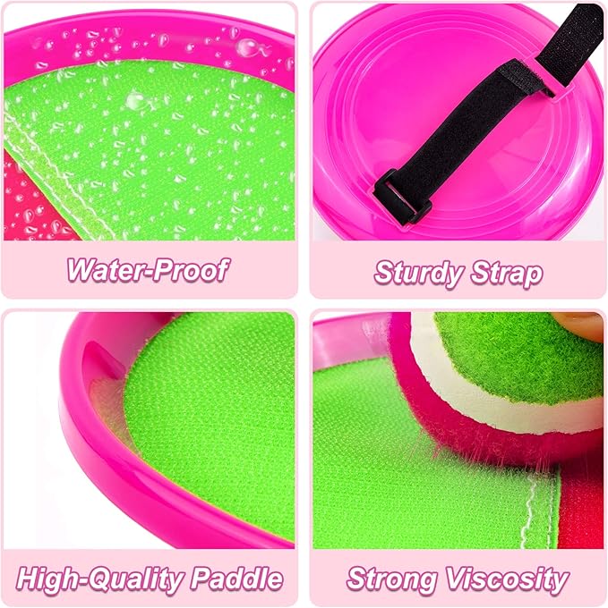 Kids Outdoor Toys - Toss and Catch Game Set, Outside Yard Camping Beach Pool Toys Games for Boys Girls 3 4 5 6 7 8 9 10 Year Old, 4 Paddles 4 Balls (Pink+Pink)