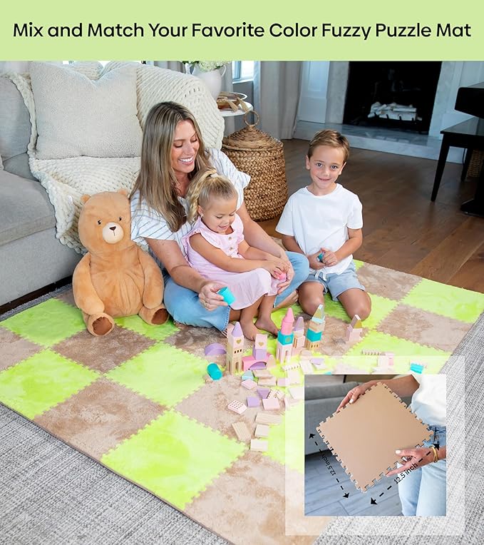 16 Piece Carpet Squares Puzzle Mat 49" x 49" Plush Interlocking Carpet Tiles, Foam Floor Tiles for Baby Play Mat - Kids Soft Play Floor Mats, Anti Slip Jigsaw Flooring Playmat Playroom Rug (Green)