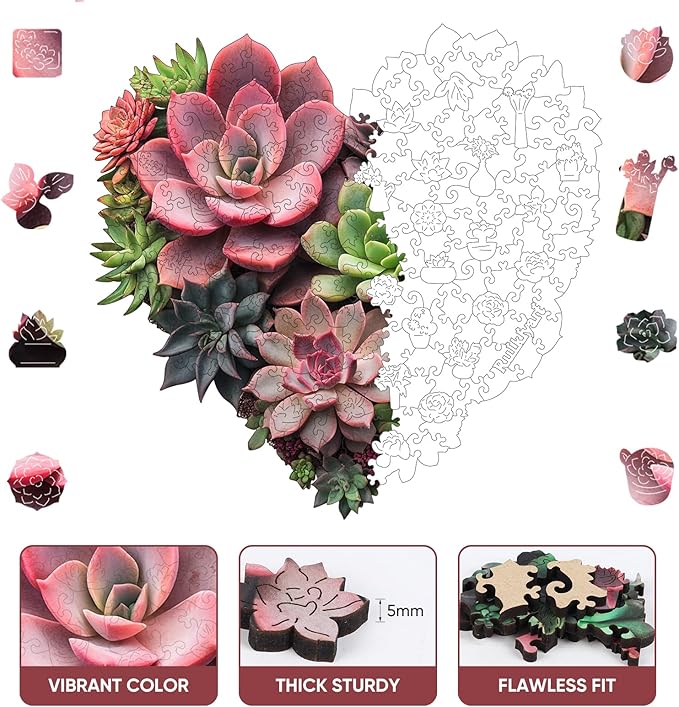 Heart Succulent Wooden Puzzles for Adult,500 Pieces Unique Shaped Flower Wooden Jigsaw Puzzles for Adults and Kids,Extra Thick 5MM,Family Game,Birthday Gift17.3"x18.4"