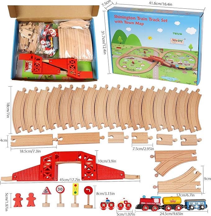 Wooden Train Set with Town Map-Shinington Railway Track Construction Building Toys for 3 Years Old Kids Boys Girls-Vehicles Transport Wooden Toys Gift for Toddlers 3 4 5 Years Old