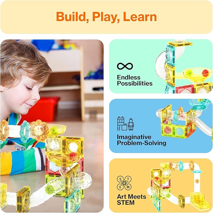 PicassoTiles 100 Piece Magnetic Marble Run Travel Size Sensory Toddlers Construction Toy Set Mini Diamond Magnet Tiles Marbles for Kids Race Track Building Blocks STEM Learning Kit Boy Girl 3+ PTMG100