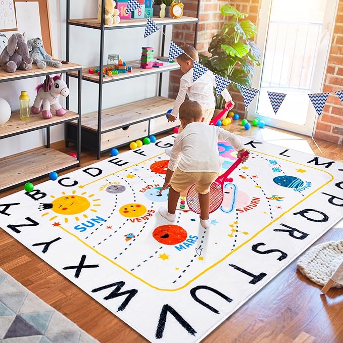 Soft ABC Kids Rug,59x78 in Washable Large Classroom Rug,Non-Slip Educational Nursery Rug,Solar System Kids Room Rug for Classroom Playroom Bedroom Kids Room Decor