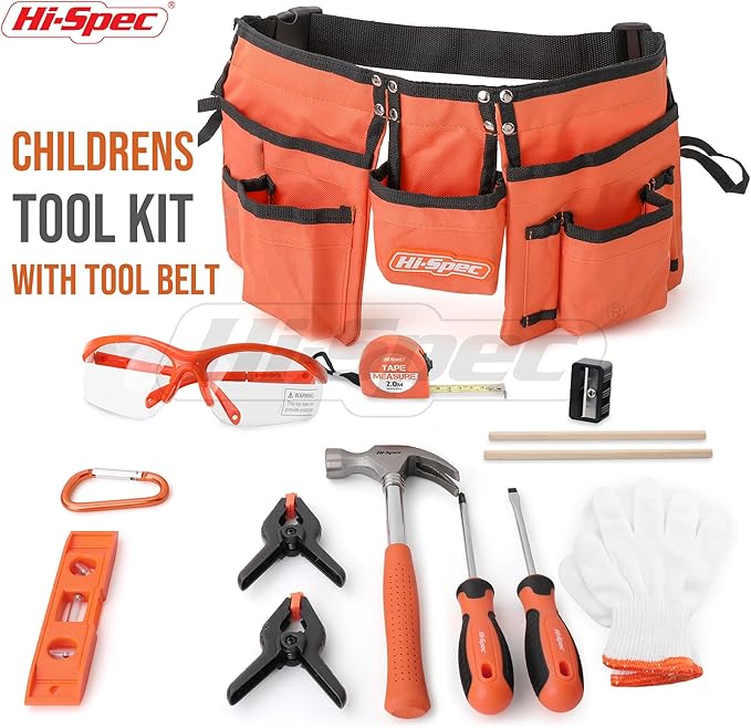 Hi-Spec 16pc Orange Kids Tool Kit Set & Child Size Tool Belt. Real Kit for DIY Building, Woodwork & Construction Learning for Kids