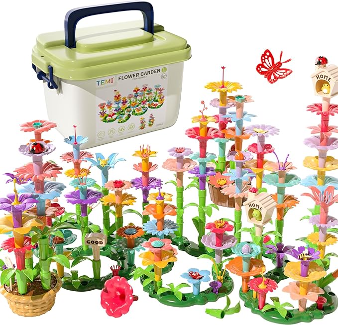 TEMI 224 PCS Flower Garden Building Toys for Girls Toys, Educational STEM Toy and Preschool Garden Play Set for Toddlers 3 4 5 6 7 Year Old Kids Boys Girls, Flower Stacking Toys for Kids Age 3-6