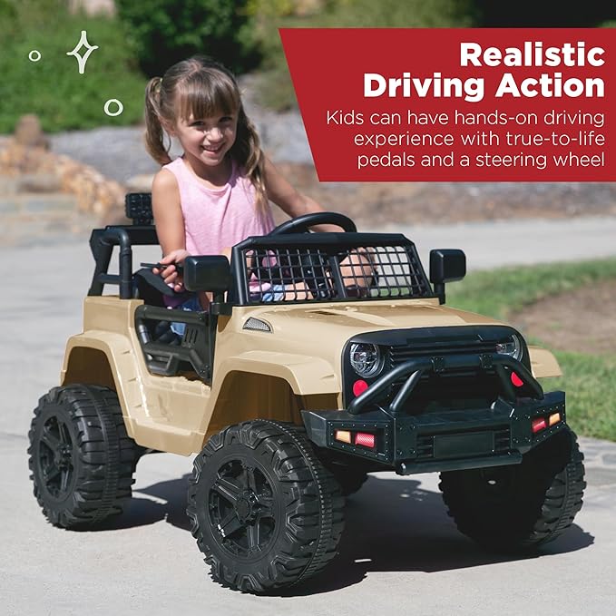 Best Choice Products 12V Kids Ride On Truck Car w/Parent Remote Control, Spring Suspension, LED Lights, AUX Port - Sand
