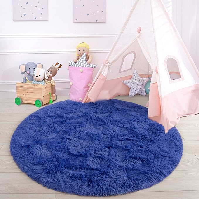 junovo Round Rug 5x5 Feet Fluffy Soft Area Rugs for Kids Girls Room Princess Castle Plush Shaggy Carpet Cute Circle Nursery Rug for Kids Girls Bedroom Baby Room Home Decor Circular Carpet, Navy Blue