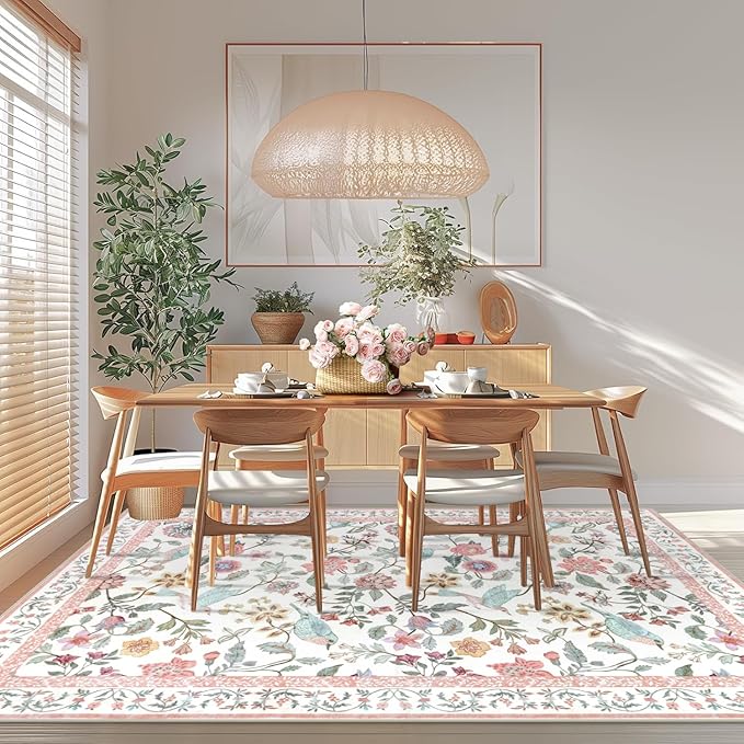 Floral Washable 5x7 Area Rug, Soft Non-Slip Pink Rugs for Girls Bedroom Low Pile Flower Birds Living Room Rug, Non-Shedding Botanical Indoor Carpet for Nursery Playroom Dining Room