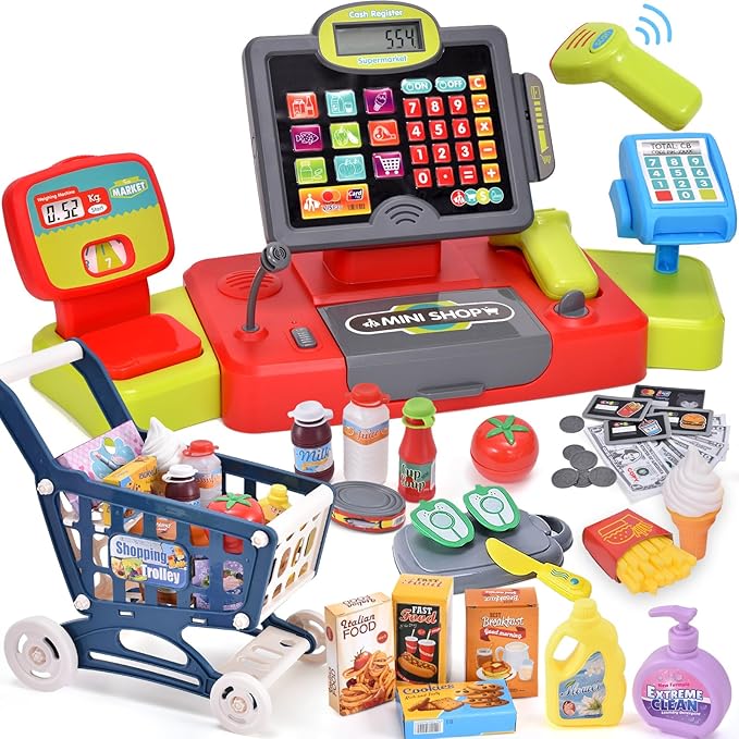 G.C Kids Cash Register Toy Pretend Play with Real Calculator Sound Scanner/Shopping Cart/Food/Play Money, Learning Counter Grocery Store Playset Toys Gift for Kid Boy Girl Age 3 4 5 6 7 8 Years Old