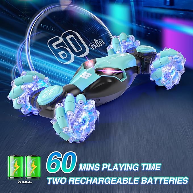 Powerextra LED Gesture RC Car, 4WD Hand Controlled Sensor RC Stunt Car for Age 8+ Year Old Boys & Girls, Double Sided 360° Flips Off Road Remote Control Vehicle Toy with Lights & Music, Sensing Toy