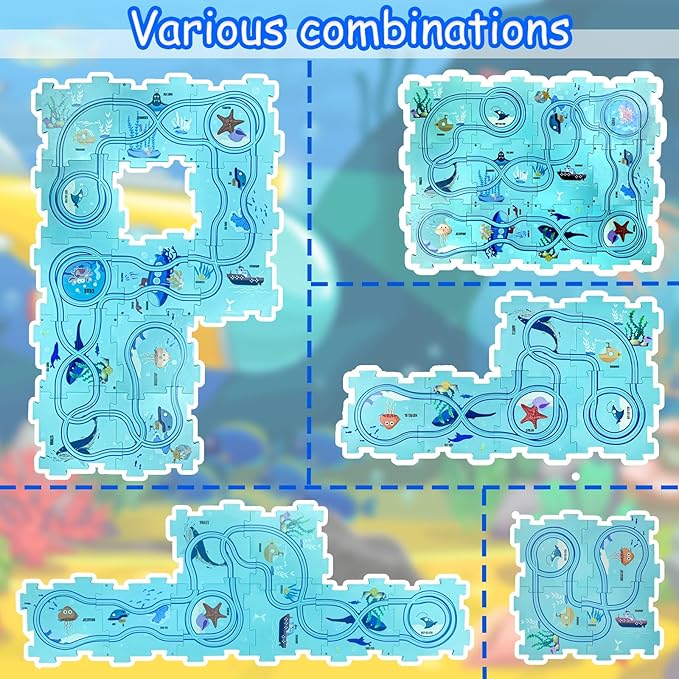 4 Year Old Boy Birthday Gift, Puzzle Racer Kids Car Track Set Puzzle Racer Car Track Set with Roadmap Puzzle Track Car Play Set Toys for 4 Year Old Boys (A-Oceans, Set1-25pcs)