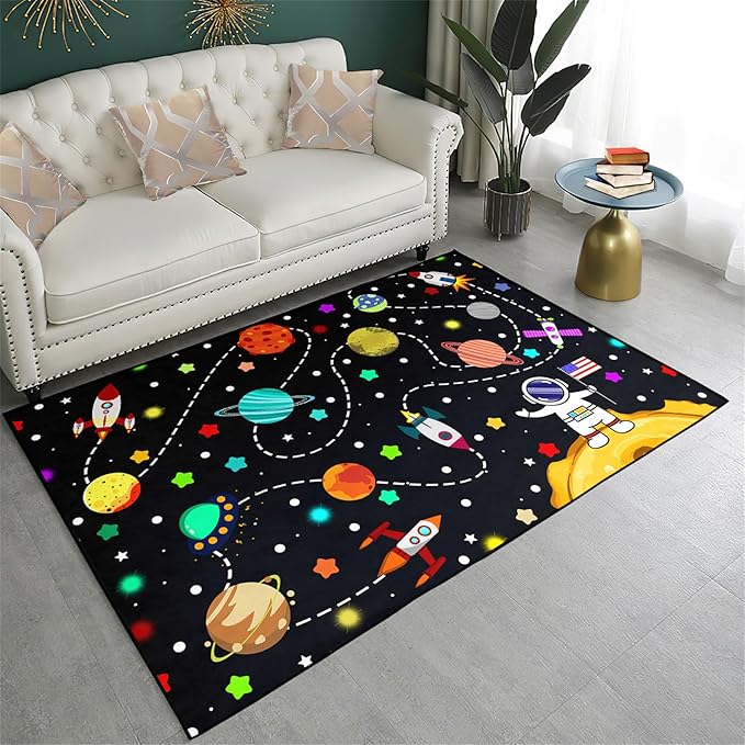 Outer Space Rug for Boys - Galaxy Carpet for Boys Room Cute Cartoon Universe Planet Area Rug Satellite Rockets Kids Baby Polyester Crystal Floor Mat Kids Play Carpet for Children Bedroom 47"L x 39"W