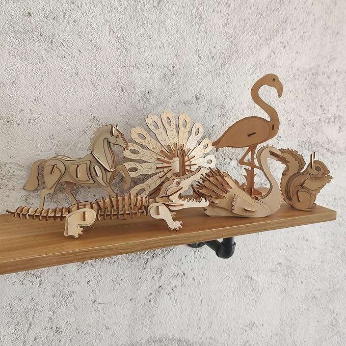 3D Wooden Wild Animal Puzzle - 6 Piece Set Wood Wild Animals Skeleton Assembly Model Kits - Wooden Crafts DIY Brain Teaser Puzzle - STEM Toys Gifts for Kids and Adults Teens Boys Girls