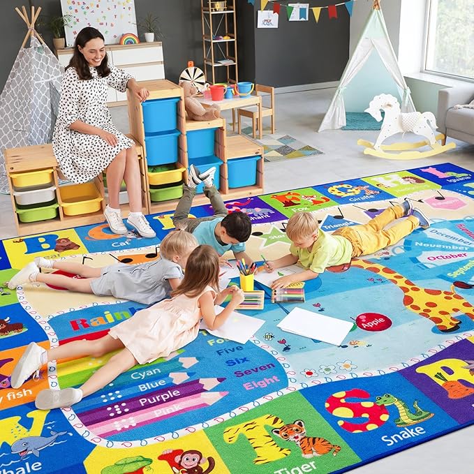 Kids Playroom Rug 4x6 Blue Rugs for Boys Girls Bedroom Child Play Mat Educational and Fun Baby Care Rugs,Learning Rug with ABC Alphabets Animals Shapes No-Slip Carpets for Children Toddler Washable