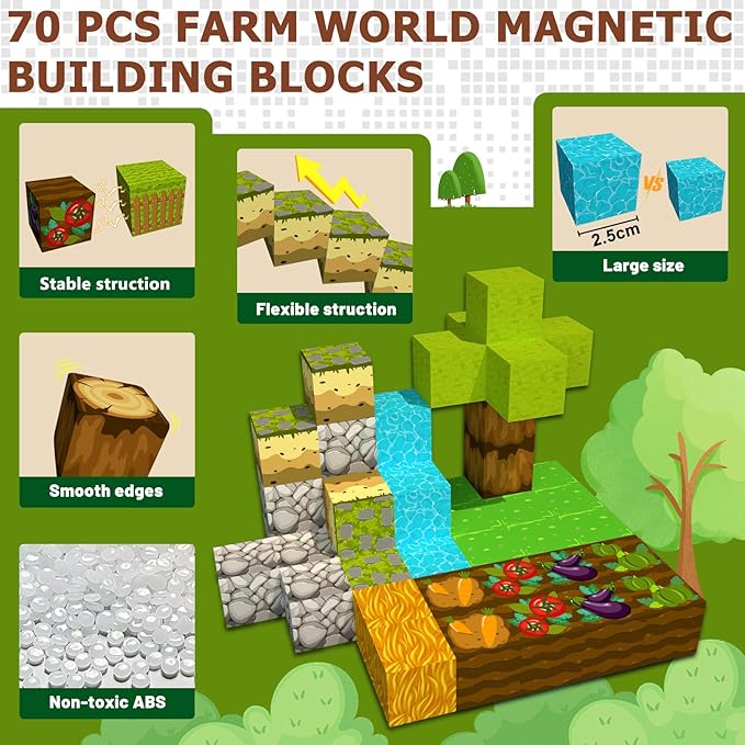 PLANEKO Magnetic Blocks Building Toys 1" Magnet Blocks Farm Magnetic Toys for Kids 4-8 STEM Sensory Montessori Toys for Toddlers Boys Girls Ages 3 4 5 6 7 8 9