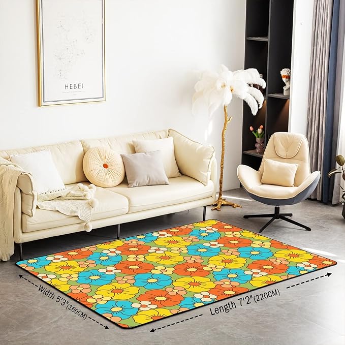 Erosebridal 60S 70S Hippie Area Rug 5x7 Retro Groovy Flowers Decorative Rug for Living Room Abstract Vintage Floral Boho Natural Botanical Non Shedding Carpet for Kids Girls Teen