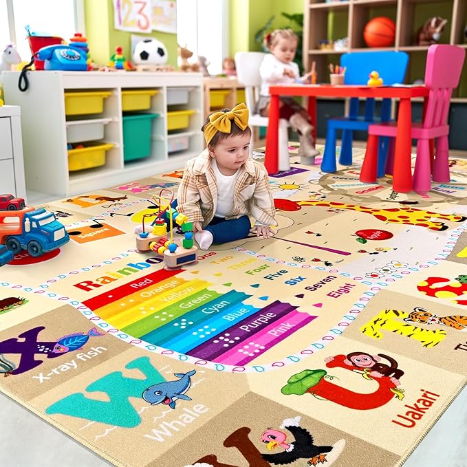 Playroom Rug Daycare Kids Rug 3x5,Educational and Fun Nursery Rug with ABC Alphabet Animals Classroom Rug Washable Kids Play Mat Baby Toddler Children Girls Rugs for Bedroom,Beige and Pink