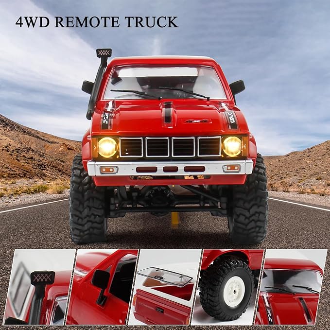 RC Crawler 1/16 Scale RC Rock Crawler, WPL C24 All Terrain RC Car RTR 4x4 Off-Road Remote Control Trucks with LED Lights and Two Batteries for Kids and Adults