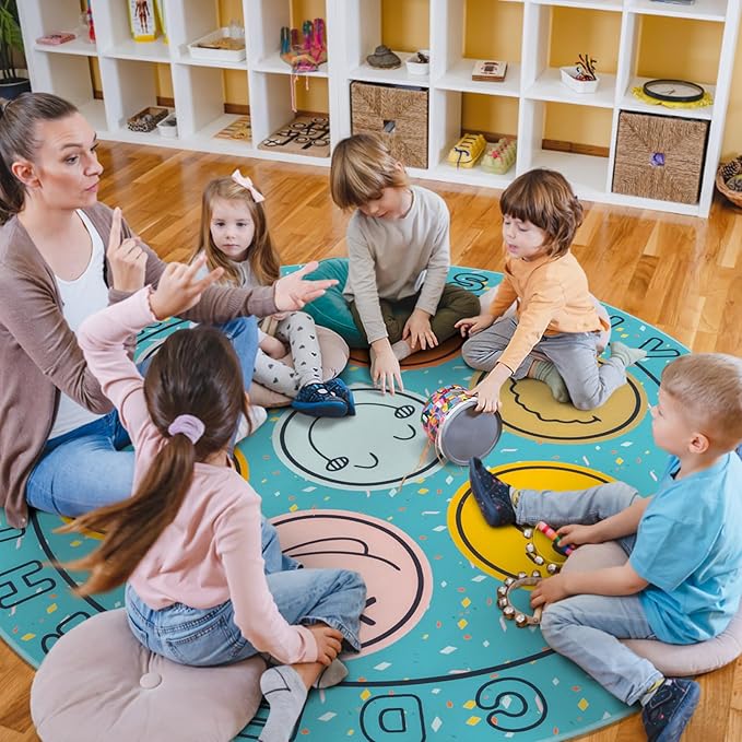 ABC Alphabet Rug for Kids, Classroom Playmat 6ft Non-Slip Circle Rugs for playroom, Round Area Rug for Elementary Classroom, Play Carpet for Boys Girls Bedrooms Playroom,Nursery Rugs-Blue