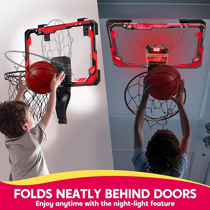SYNCFUN Mini Indoor Basketball Hoop, Light Up Over The Door Basket Ball Hoop for Kids with Scoreboard & 4 Balls, Indoor Basketball, Toys Gifts for Boys Girls Ages 3 and UP(Red)