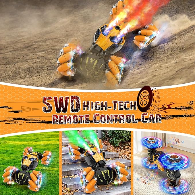 Remote Control Stunt Car Toys: Christmas Birthday Gifts for Boys Toys Ages 6-12 - 2.4Ghz Gesture Sensing Remote Control Cars with Light and Music Spray - 8WD Drift 360° Rotating RC Car for 7-14