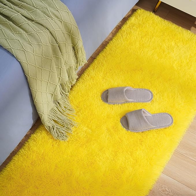 Amearea Shag Fluffy Runner Rug for Bedroom Girls Living Room, 2x6 Feet Extra Soft and Fuzzy Shaggy Rugs, Non Slip, Indoor Floor Long Carpet Mat for Boys Nursery Home Decor, Yellow