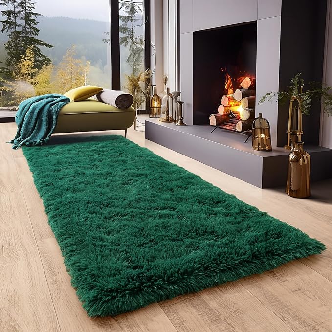 Super Fluffy Runner Rug for Bedroom, Modern Shag Green Area Rugs, Soft and Cozy Plush Small Carpet for Kids,Girls Boys and Teens Decorations for Living Room Dorm Nursery Classroom, 2x6 Feet