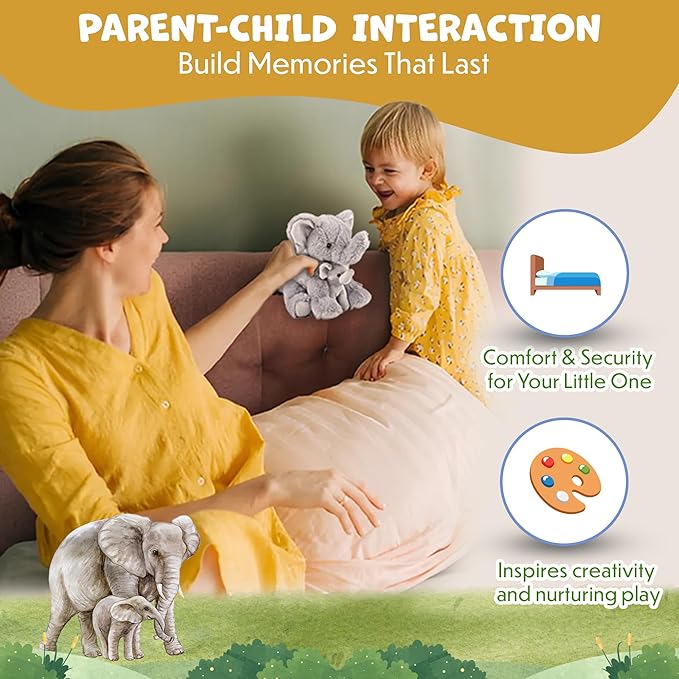 Mom and Baby Stuffed Animals for Boys & Girls, Safari Baby Shower Decorations, Nursery Decor, Zoo Animals for Toddlers, Quality Realistic Toy for Kids, Cute, Soft, Huggable, Squeezable (9.5" Elephant)