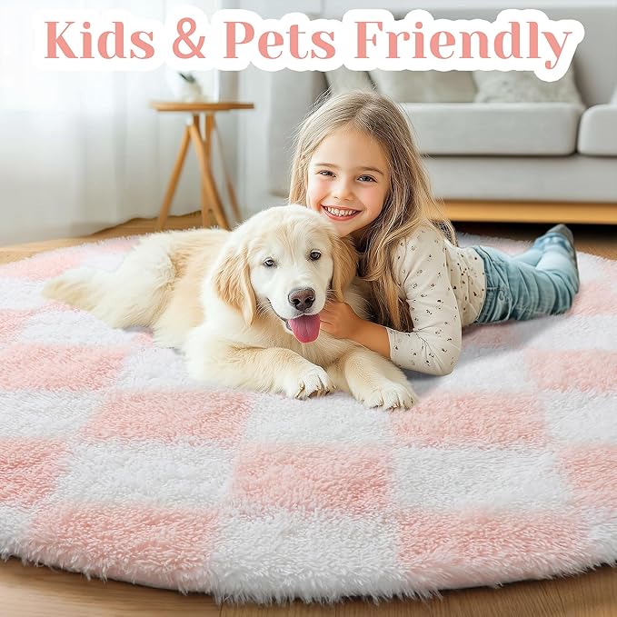 KICMOR Pink Round Rug 4ft for Girls Bedroom, Fluffy Soft Circle Area Rug Cute Small Living Room Carpet, Indoor Fuzzy Shag Shaggy Checkered Circular Rugs for Kids Room Nursery Home Decor Aesthetic