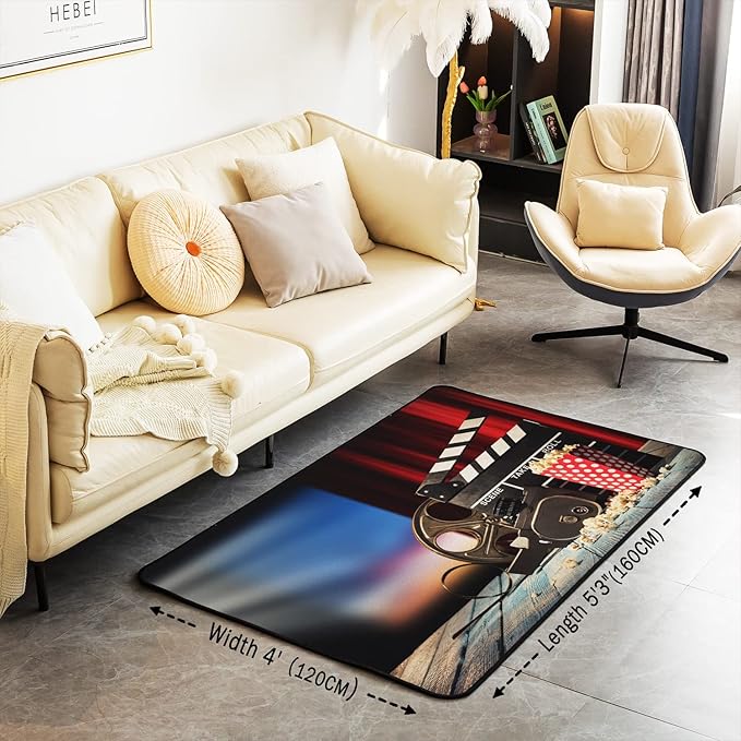 Erosebridal Movie Theater Rug 4x5, Vintage Cinema Popcorn Carpet for Boys Girls, Vintage Film Clapper Theme Area Rug, Filmstrip Printed Non Slip Decorative Rug for Bedside