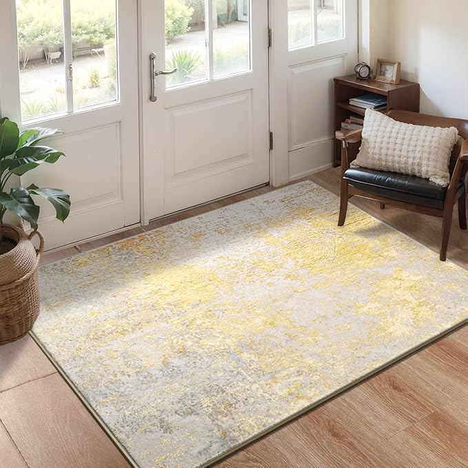 Entryway Rug 3x5 Bedroom Area Rug Washable Non Slip Abstract Boho Rugs for Indoor Entry, Kitchen, Classroom, Bathroom, Kids Girls Room, Office, College Dorm Small Carpet (Orange, Silver & Gray)