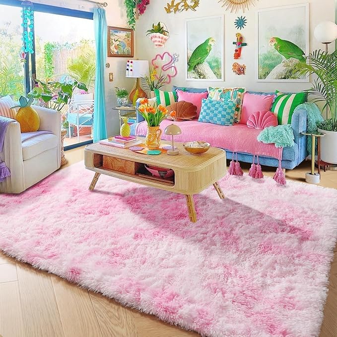 Amdrebio Tie-Dyed Pink and White Rug 5x8 for Girls Bedroom, Soft Area Rugs for Kids Room, Cute Fluffy Fuzzy Princess Rugs for Playroom Dorm, Furry Shaggy Carpet for Baby Nursery, Preppy Room Decor